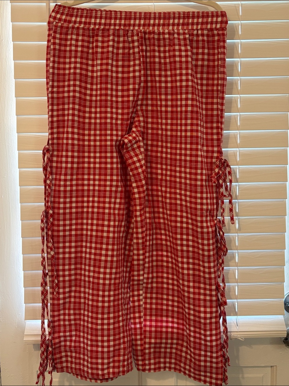 SHEIN Red and White Gingham Drawstring Side-Tie Wide Leg Pants